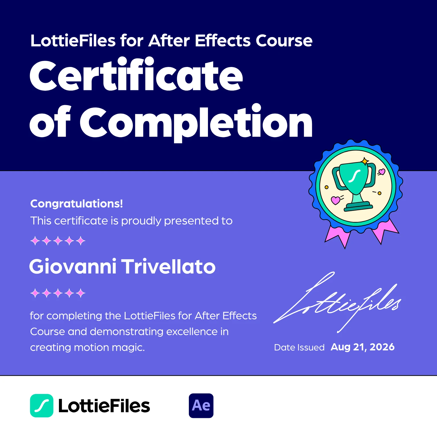 Certificado do LottieFiles for After Effects Course